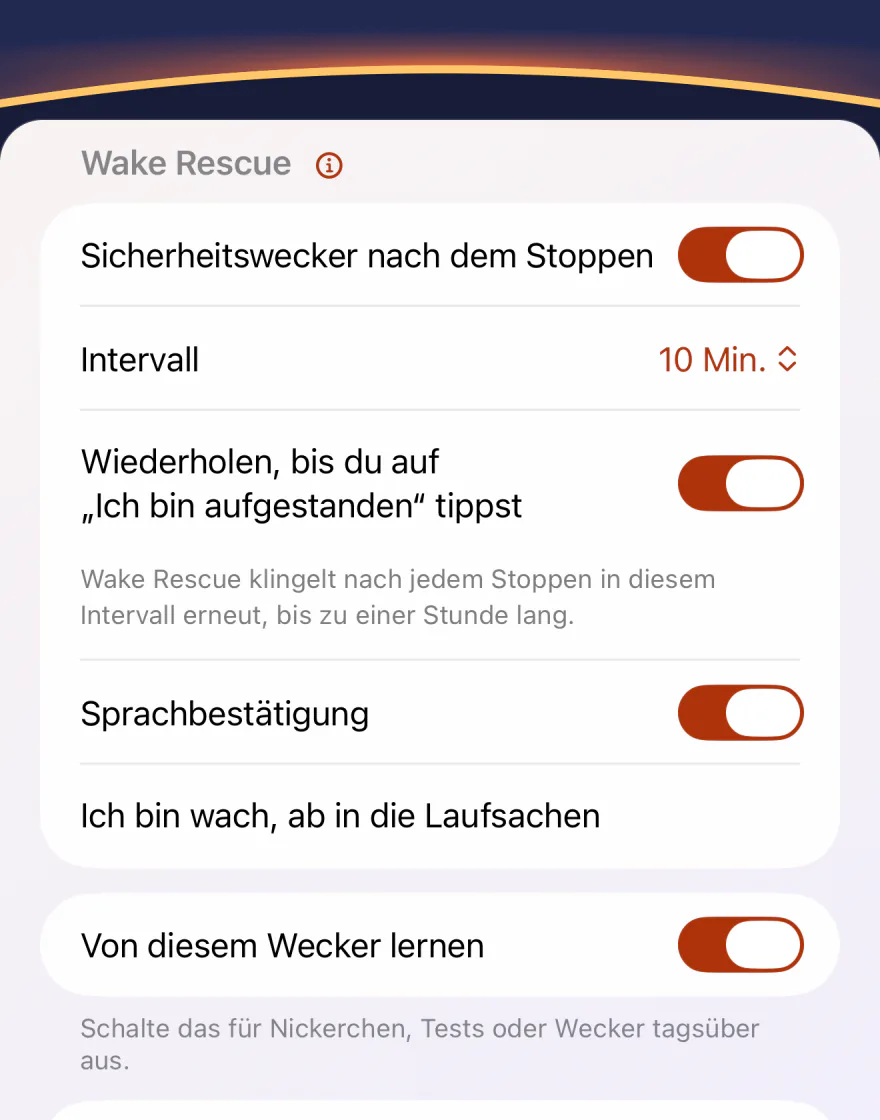 Wake Rescue in den Weckereinstellungen von Wakeprint: „Sicherheitswecker nach dem Stoppen“ an, „Intervall“ 10 Min., »Wiederholen, bis du auf „Ich bin aufgestanden“ tippst« an, mit seinem Hinweis auf höchstens eine Stunde, und die Sprachbestätigung an, mit dem Satz „Ich bin wach, ab in die Laufsachen“.
