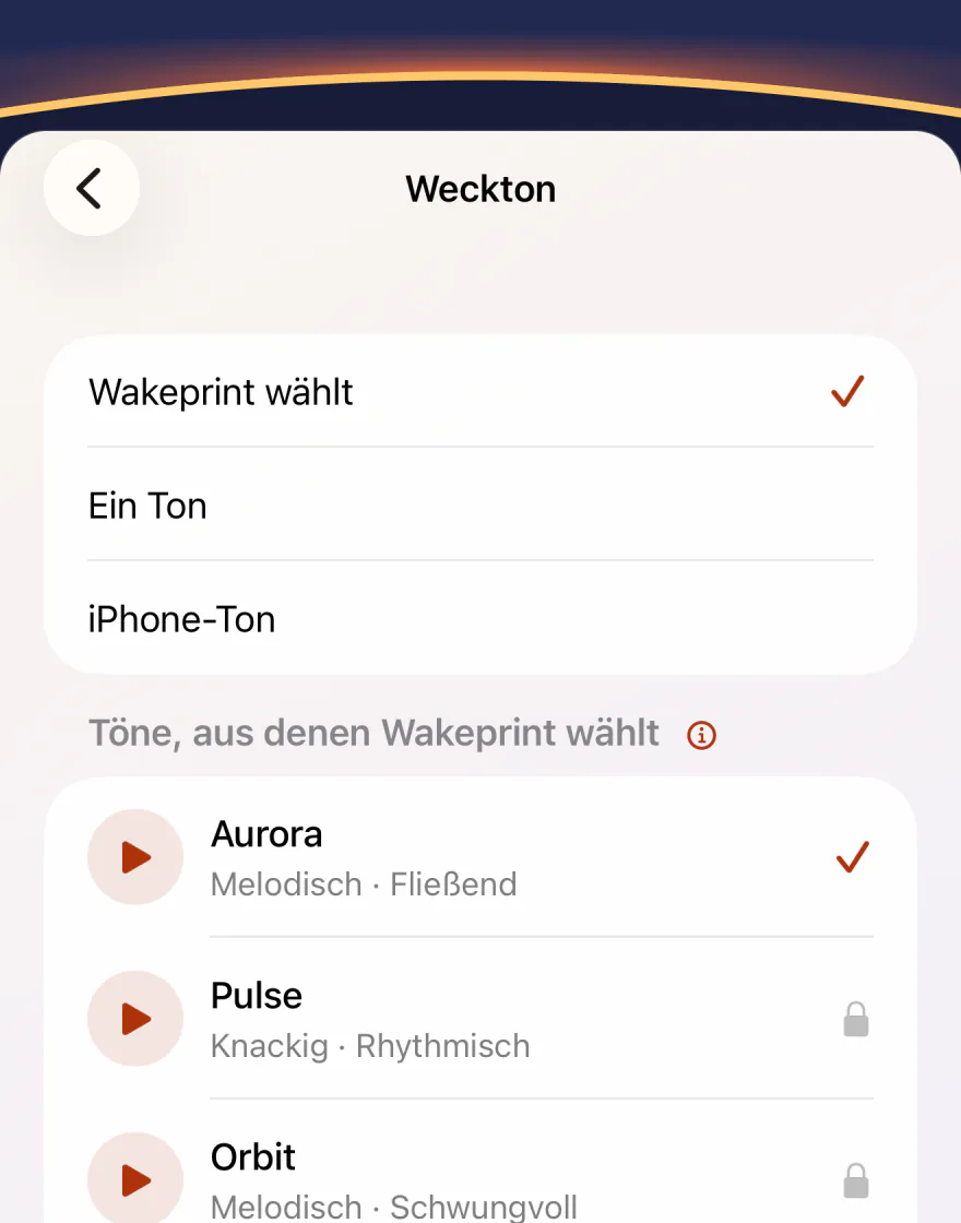Der Bildschirm „Weckton“ von Wakeprint: „Wakeprint wählt“ ausgewählt, darunter „Ein Ton“ und „iPhone-Ton“, dann „Töne, aus denen Wakeprint wählt“: Aurora mit Häkchen, Pulse gesperrt.