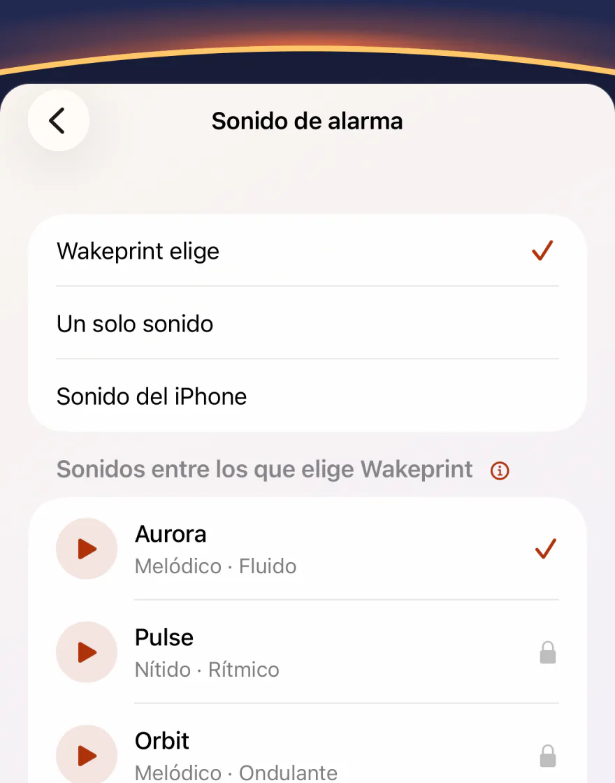 La pantalla Sonido de alarma de Wakeprint: «Wakeprint elige» seleccionado, con «Un solo sonido» y «Sonido del iPhone»; debajo, «Sonidos entre los que elige Wakeprint»: Aurora marcado, Pulse bloqueado.