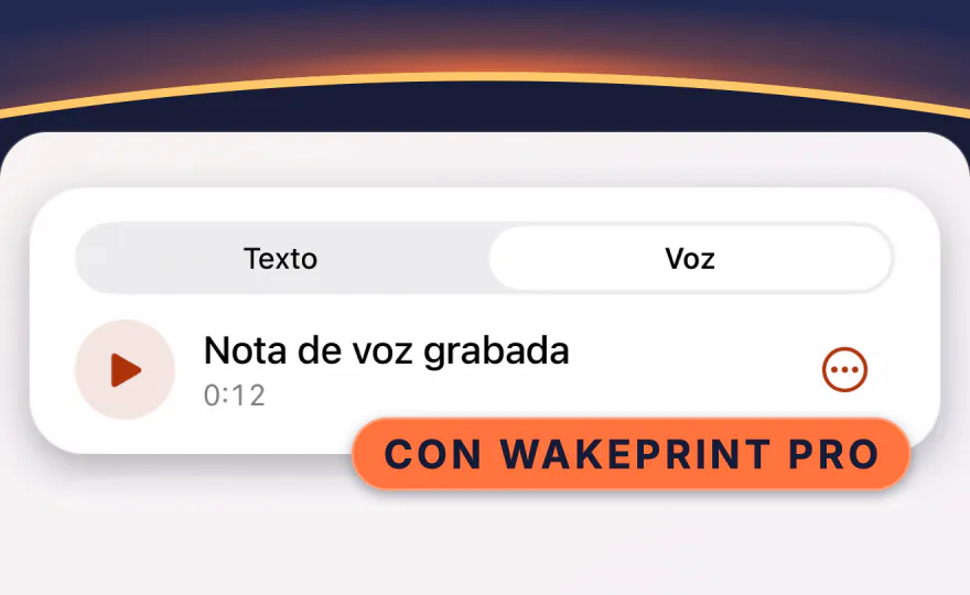 Una nota de voz en los ajustes de alarma de Wakeprint: «Voz» seleccionado, «Nota de voz grabada», 0:12, marcada con Wakeprint Pro.