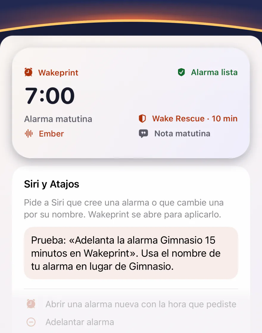 El widget mediano de Wakeprint: la Alarma matutina de las 7:00 con Ember, Wake Rescue y una nota matutina, «Alarma lista»; debajo, la guía Siri y Atajos: «Adelanta la alarma Gimnasio 15 minutos en Wakeprint».