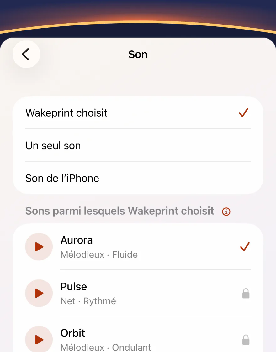 L’écran Son de Wakeprint : « Wakeprint choisit » sélectionné, avec « Un seul son » et « Son de l’iPhone », puis « Sons parmi lesquels Wakeprint choisit » : Aurora coché, Pulse verrouillé.