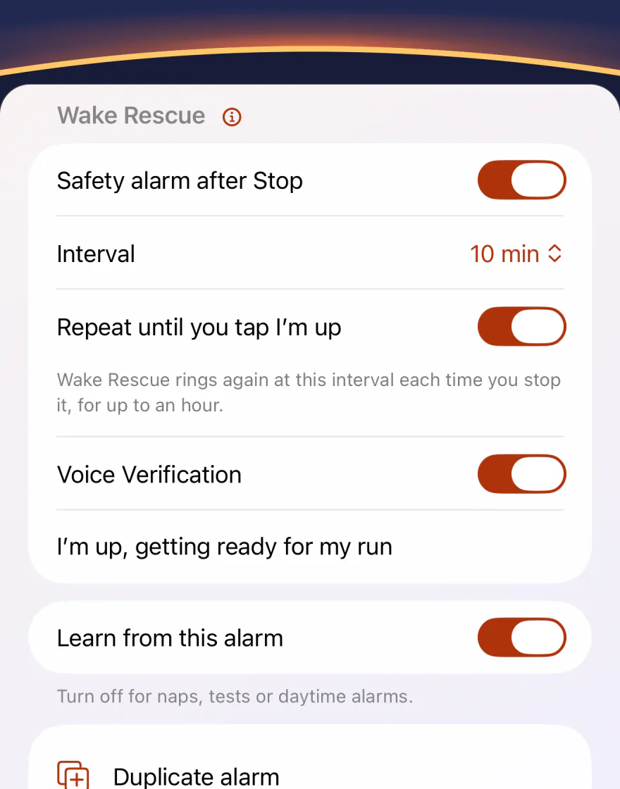 Wake Rescue in Wakeprint’s alarm settings: “Safety alarm after Stop” on, “Interval” 10 min, “Repeat until you tap I’m up” on with the line that says it rings again for up to an hour, and Voice Verification on with the wake phrase “I’m up, getting ready for my run”.