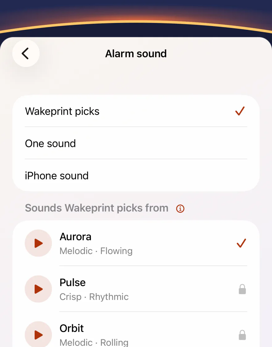 Wakeprint’s Alarm sound screen: “Wakeprint picks” chosen, with “One sound” and “iPhone sound”, then “Sounds Wakeprint picks from”: Aurora checked, Pulse locked.