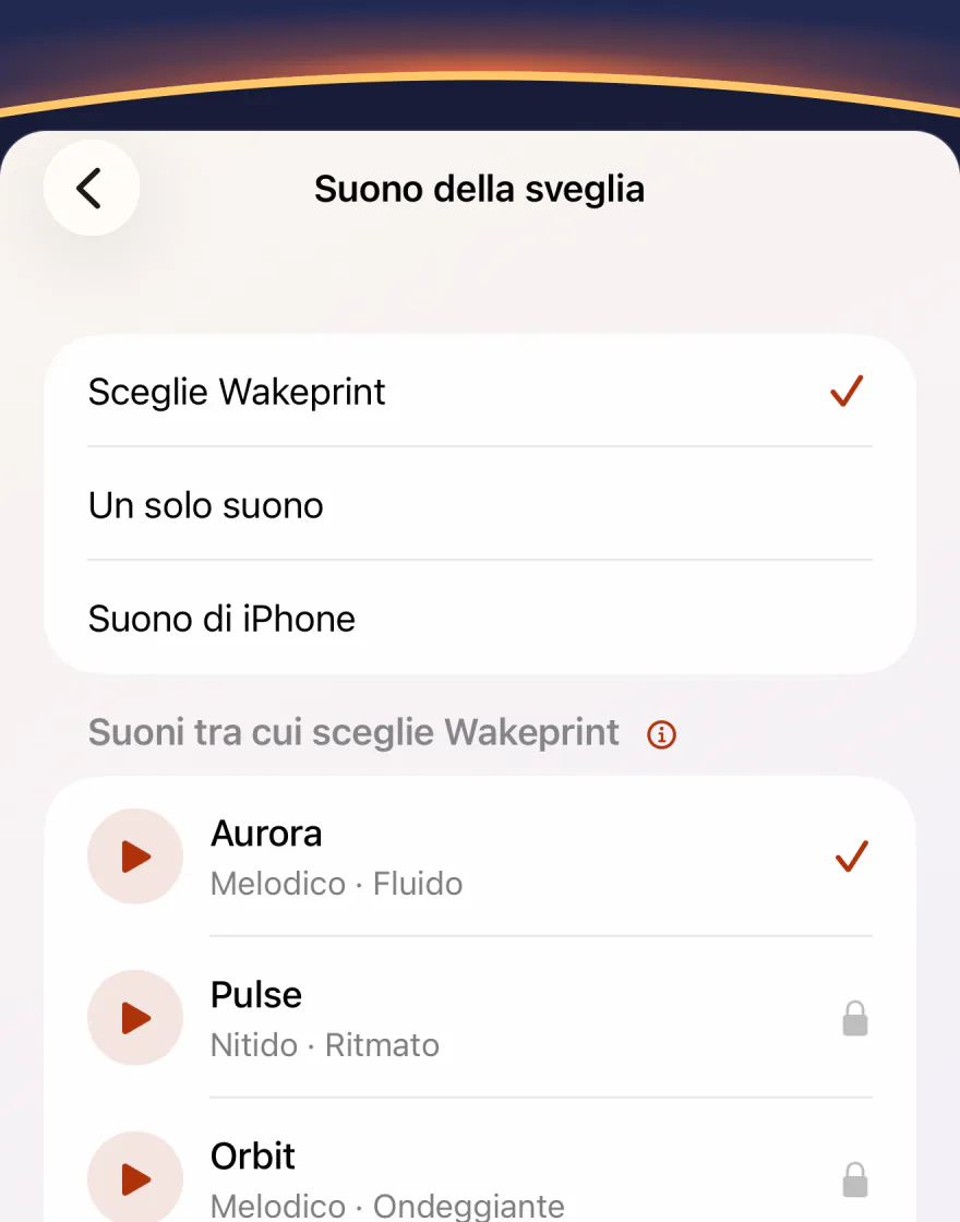 La schermata Suono della sveglia di Wakeprint: “Sceglie Wakeprint” selezionato, con “Un solo suono” e “Suono di iPhone”, poi “Suoni tra cui sceglie Wakeprint”: Aurora con la spunta, Pulse bloccato.