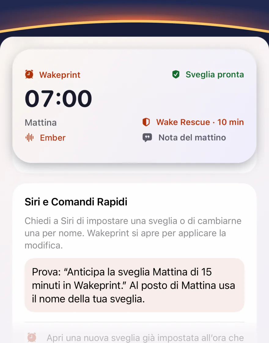 Il widget medio di Wakeprint: la sveglia “Mattina” delle 07:00 con Ember, Wake Rescue e una Nota del mattino, “Sveglia pronta”; sotto, la guida Siri e Comandi Rapidi: “Anticipa la sveglia Mattina di 15 minuti in Wakeprint.”
