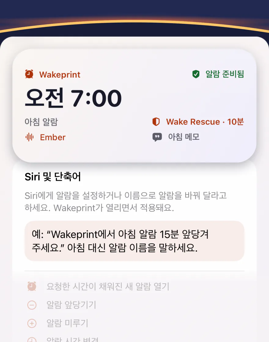 Wakeprint의 중간 크기 위젯: 오전 7:00 “아침 알람”, Ember, Wake Rescue, 아침 메모, “알람 준비됨”. 그 아래에 “Siri 및 단축어” 안내와 예시 “Wakeprint에서 아침 알람 15분 앞당겨 주세요.”가 있어요.