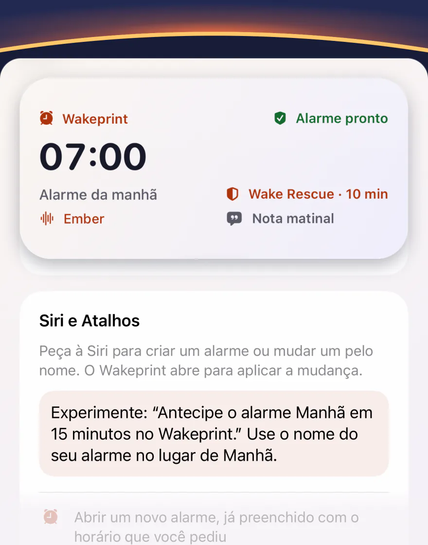 O widget médio do Wakeprint: o Alarme da manhã das 07:00 com Ember, Wake Rescue e uma Nota matinal, “Alarme pronto”; abaixo, o guia Siri e Atalhos: “Antecipe o alarme Manhã em 15 minutos no Wakeprint.”