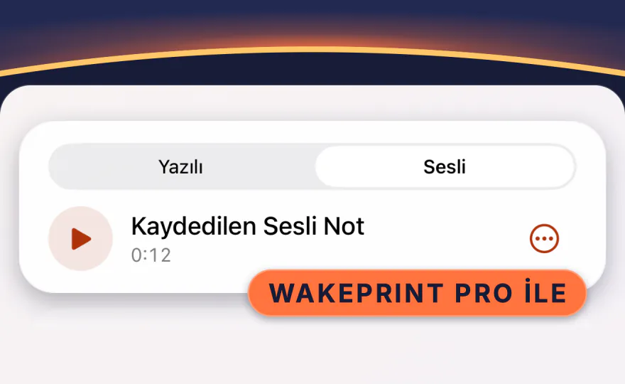 Wakeprint’in alarm ayarlarında bir Sesli Not: “Sesli” seçili, “Kaydedilen Sesli Not”, 0:12; Wakeprint Pro ile işaretli.