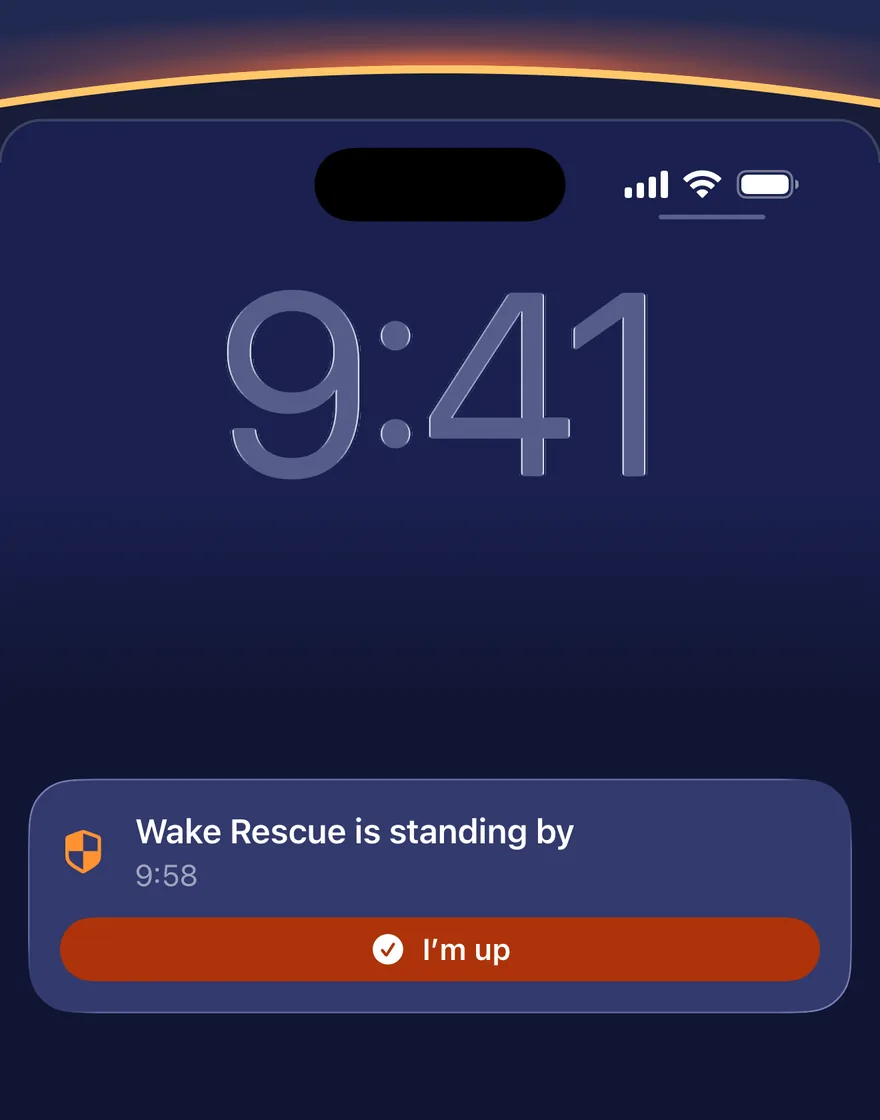 La pantalla bloqueada con la cuenta atrás de Wake Rescue: «Wake Rescue está en espera», sobre un botón «Estoy en pie».