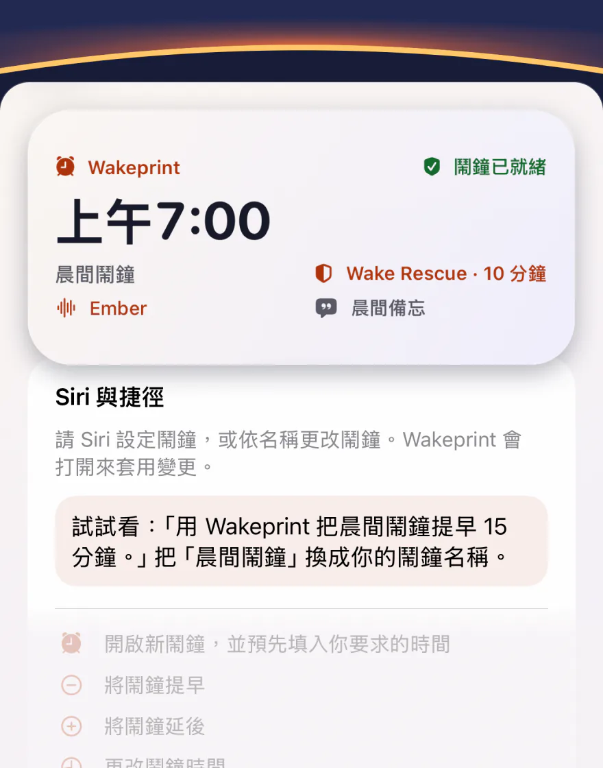 Wakeprint 的中型小工具：上午 7:00 的「晨間鬧鐘」，搭配 Ember、Wake Rescue 和晨間備忘，「鬧鐘已就緒」；下方是「Siri 與捷徑」說明：「用 Wakeprint 把晨間鬧鐘提早 15 分鐘。」