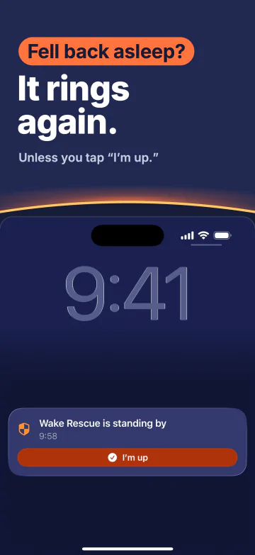 “It rings again.” The Lock Screen with Wake Rescue counting down: “Wake Rescue is standing by”, above an “I’m up” button.