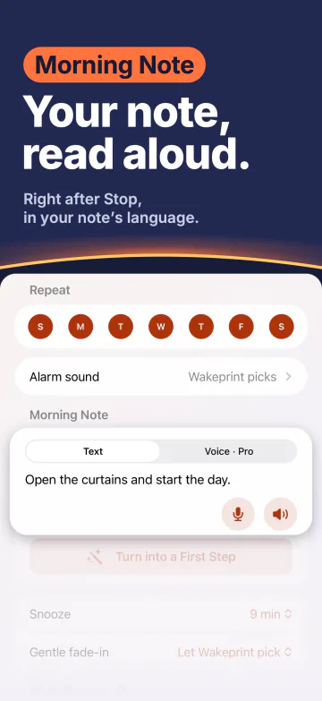 “Your note, read aloud.” A Morning Note in Wakeprint’s alarm settings: “Open the curtains and start the day.”