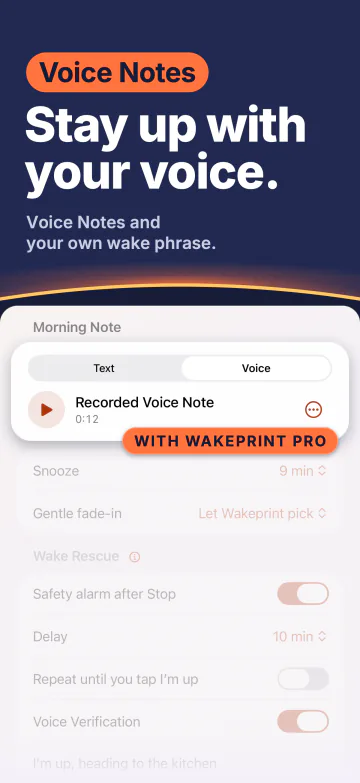 “Stay up with your voice.” A Morning Note set to Voice: a recorded Voice Note of 0:12, marked “With Wakeprint Pro”.