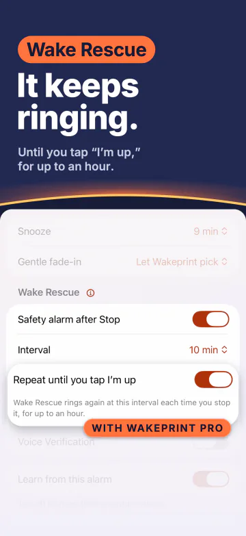 “It keeps ringing.” Wake Rescue settings, marked “With Wakeprint Pro”, with “Repeat until you tap I’m up” turned on: “Wake Rescue rings again at this interval each time you stop it, for up to an hour.”