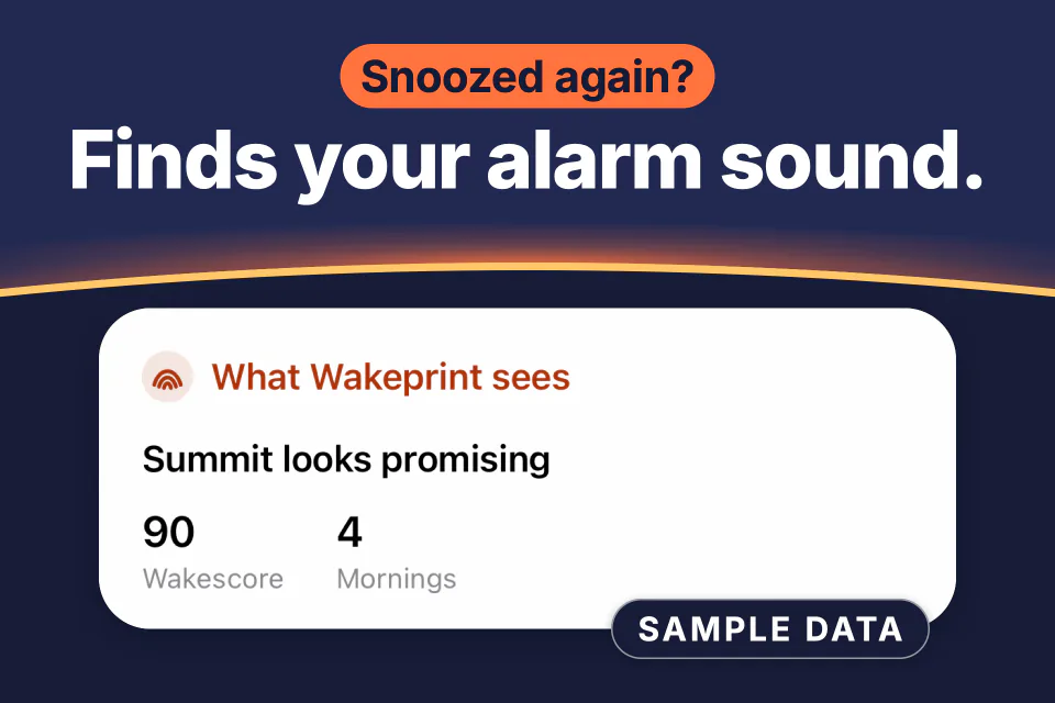 “Finds your alarm sound.” Wakeprint Insights: “What Wakeprint sees. Summit looks promising”, a Wakescore of 90 over 4 mornings, marked as sample data.