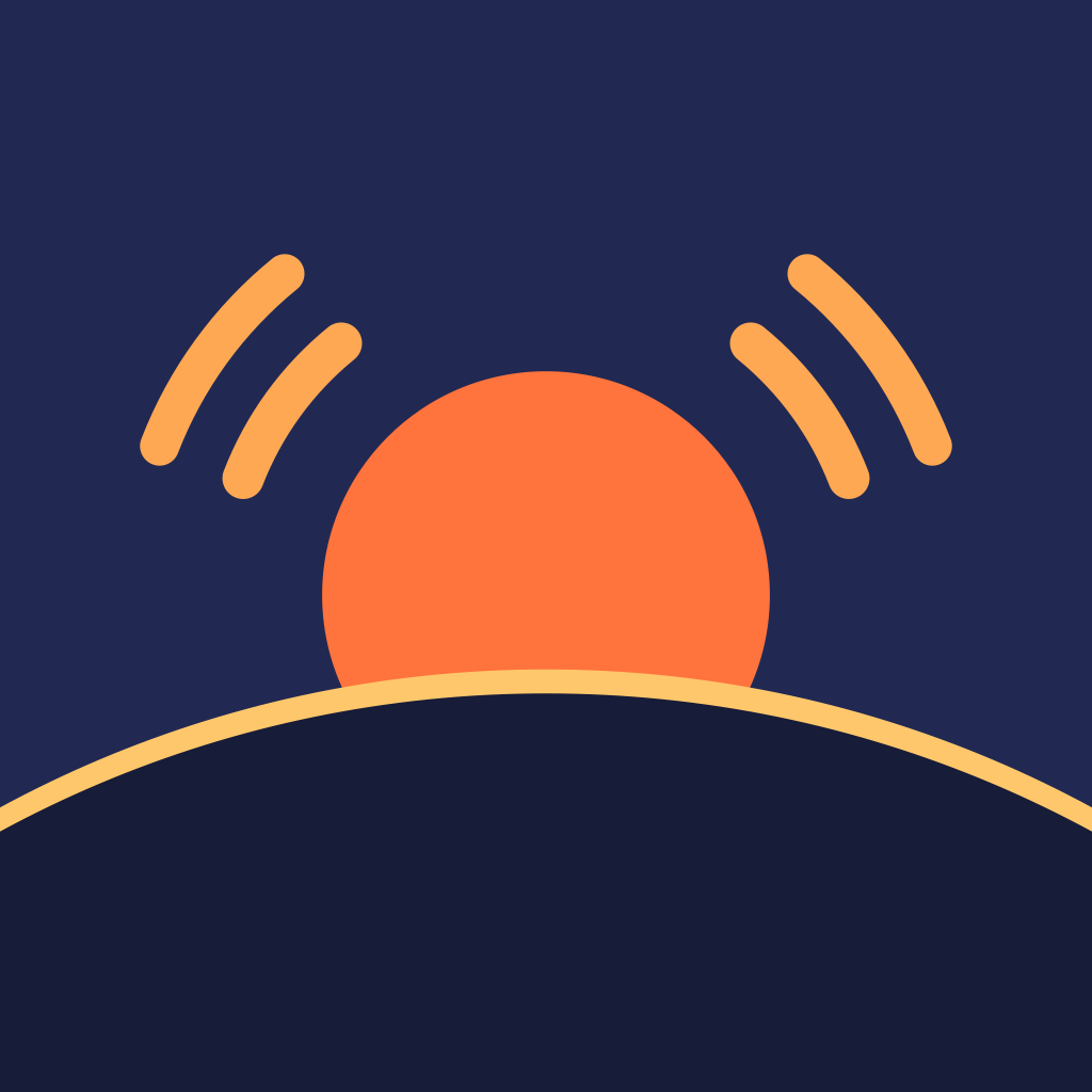 The Wakeprint icon: a sun rising over a gold horizon on a navy sky, with two pairs of ringing arcs.